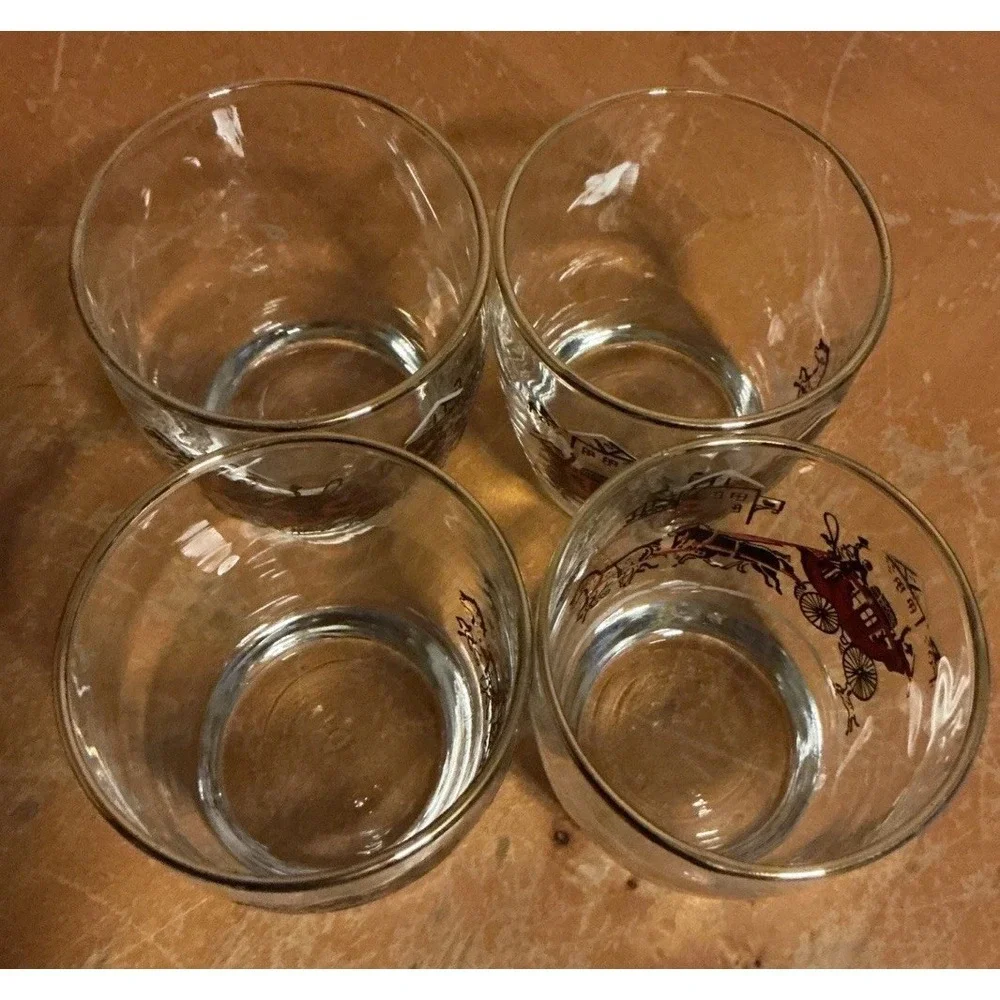 Vintage‎ 1950s Libbey Stagecoach & Horses Low Ball Glasses, Set Of 4, Gold Rim